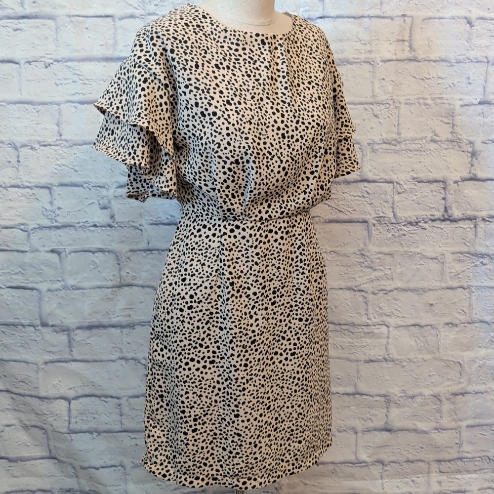 She & Sky Black & Cream Ruffle Sleeve Dress w/ Peekaboo Back - Size Medium